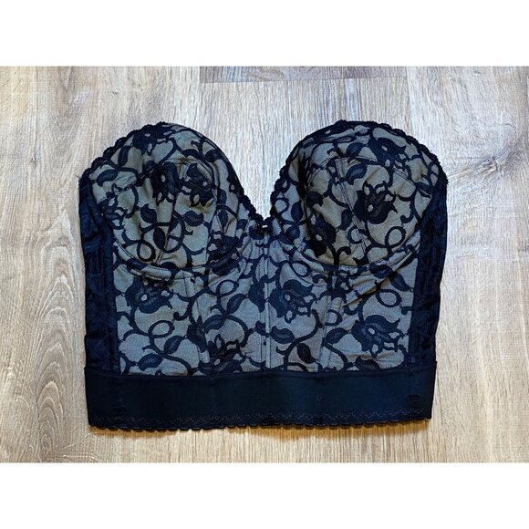 Vintage Black Lace Strapless Bustier With Floral Mesh Design & Underwire 36D - Picture 3 of 8